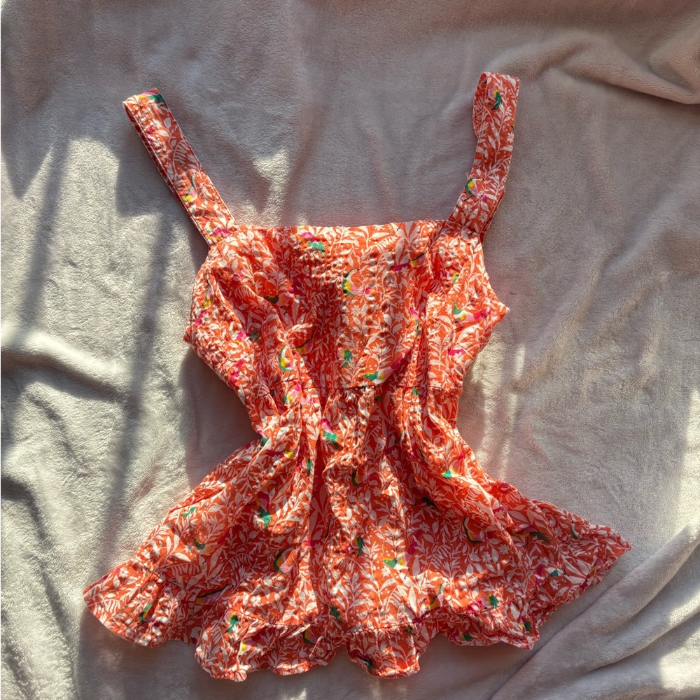 Loft Floral Orange floral bird design Babydoll ruffle pleated Top